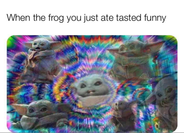 The meme is a photo of the character Baby Yoda from the Star Wars franchise, but with a cartoonish, exaggerated expression of surprise or shock. The image is captioned "In 2-3 sentences, describe this meme for someone who cannot see it."